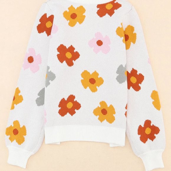 White Sweet Flower Knitted Ribbed Hem Sweater - Picture 10 of 13